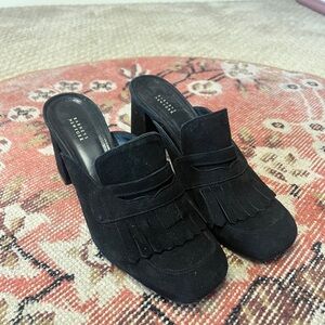 Barney’s New York Vero Cuoio Black Suede Fringe Block Heel Mules